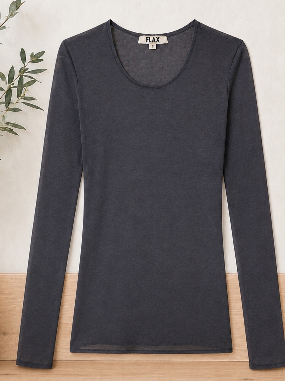 FLAX Sheer Nylon Layering Top Sz S Brown Long Sleeve Made in USA
